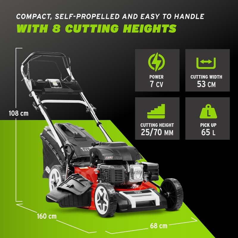 GREENCUT GLM880XE Cortacésped Gasolina Autopropulsado 53cm 224cc, 65L, Eléctrico