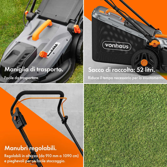 VonHaus Cortacésped Eléctrico 1800W 38-43cm, 42-52L, 5 Niveles